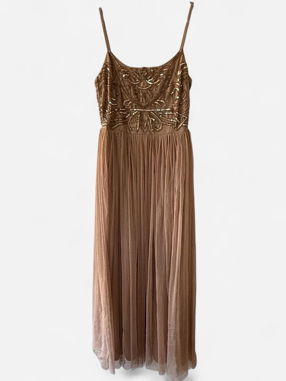 Maya Deluxe Taupe Sequin Tulle Maxi Dress